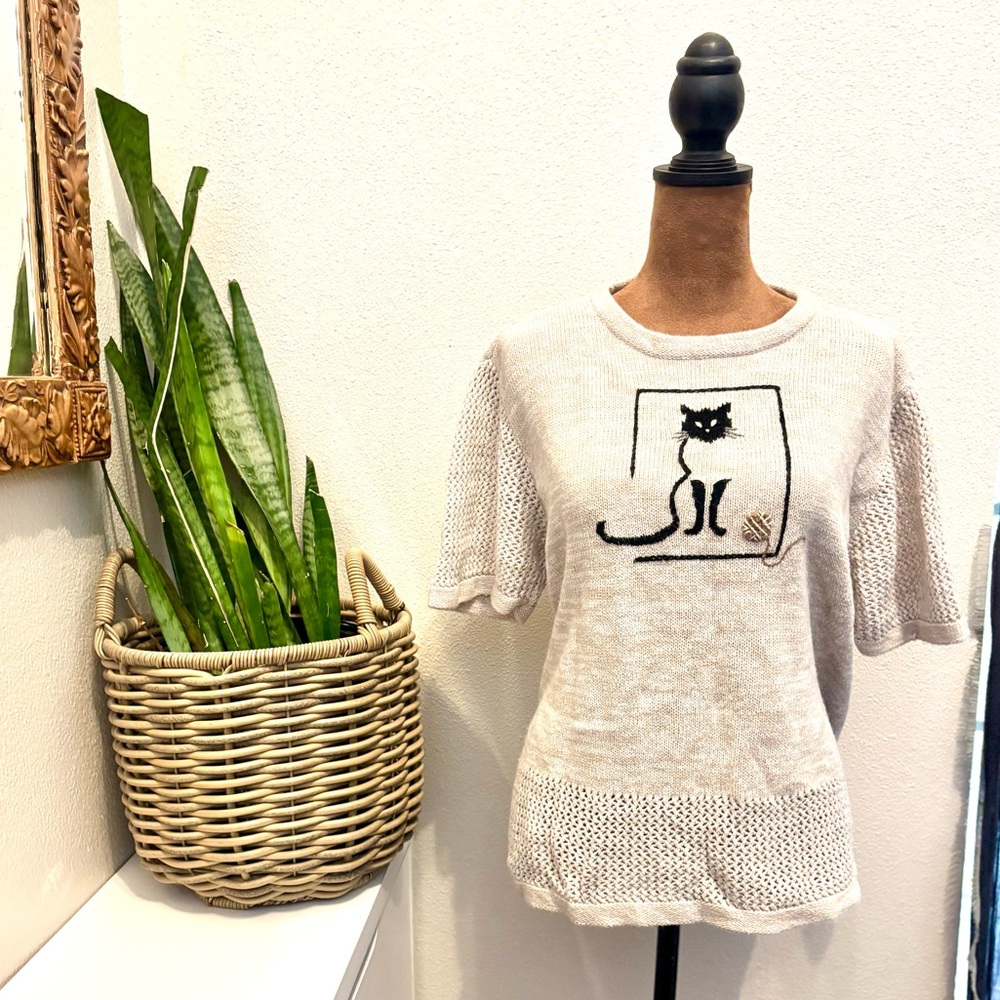 Cute Cream Cottagecore Knit Grandma Cat Sweater